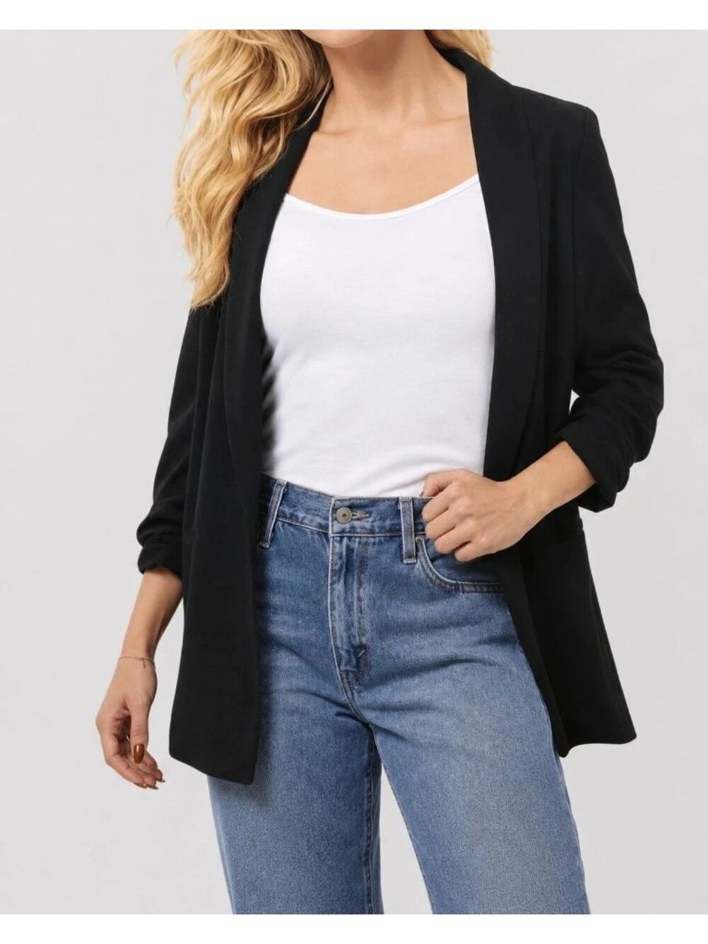 NWT Dakota Blue Women's XL Black Open Front Ruched Sleeve Blazer